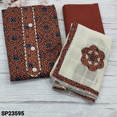 CODE SP23595 : Maroon Patola Printed Pure Soft Cotton Unstitched Salwar material(soft fabric, lining optional) with lace work and buttons on yoke, Matching Cotton Bottom, self checkered design and applique work on pure mul cotton dupatta with printed tapings