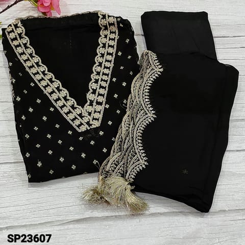 CODE SP23607 : Designer Black Pure Organza Unstitched salwar material (flowy ,thin fabric, lining needed) Collared V-Neck highlighted embroidery and sequins work, benerasi woven buttas on frontside, Matching Santoon Bottom, short width pure organza dupatta with zari and sequins work and cut work edges