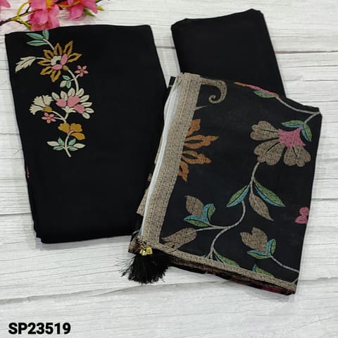 CODE SP23519 : (PRE ORDER  CAN SHIP ON 23 FEB)Black Liquid Fabric Unstitched salwar material (flowy ,soft fabric, lining needed) with embroidery work on yoke, printed work on daman, Matching Liquid Fabric Bottom, digital printed silk cotton dupatta