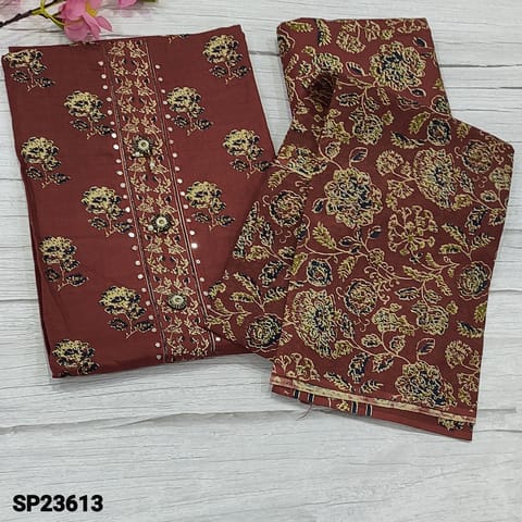 CODE SP23613 : Reddish Maroon Printed Soft Cotton Unstitched salwar material (thin fabric, lining optional) with faux mirror and fancy buttons on yoke, Printed Cotton Bottom, Printed mul cotton dupatta