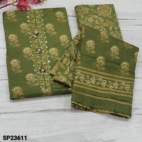 CODE SP23611 : Light Green Printed Soft Cotton Unstitched salwar material (thin fabric, lining optional) with faux mirror and fancy buttons on yoke, Printed Cotton Bottom, Printed mul cotton dupatta