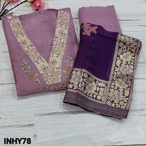 CODE INHY78 : Designer Purple Pure Dola Silk Unstitched salwar material (silky, soft fabric, lining needed) V-Neck highlighted with zari woven, sequins work and embroidery work, Matching Santoon Bottom, meenakari weaving pattern on Dark Purple pure organza dupatta