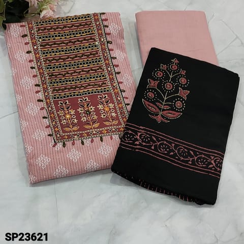 CODE SP23621 : Pastel Pink Pure Soft kantha cotton unstitched Salwar material(thin fabric, lining needed) contrast yoke patch highlighted with kantha stich and sequins work, kantha stich work all over, Matching fabric provided for lining, NO BOTTOM, Block printed mul cotton dupatta