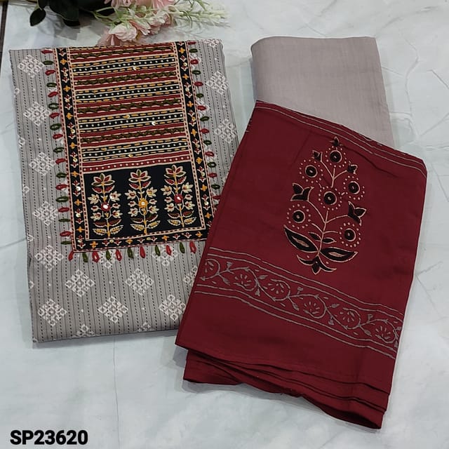 CODE SP23620 : Grey Pure Soft kantha cotton unstitched Salwar material(thin fabric, lining needed) contrast yoke patch highlighted with kantha stich and sequins work, kantha stich work all over, Matching fabric provided for lining, NO BOTTOM, Block printed mul cotton dupatta