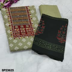 CODE SP23625 : Light Cardamom Green Pure Soft kantha cotton unstitched Salwar material(thin fabric, lining needed) contrast yoke patch highlighted with kantha stich and sequins work, kantha stich work all over, Matching fabric provided for lining, NO BOTTOM, Block printed mul cotton dupatta