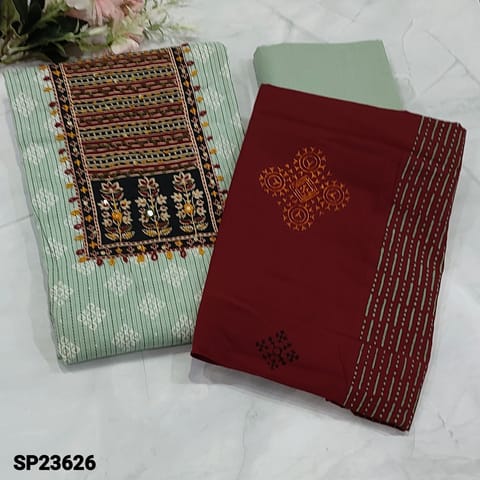 CODE SP23626 : Pastel Green Pure Soft kantha cotton unstitched Salwar material(thin fabric, lining needed) contrast yoke patch highlighted with kantha stich and sequins work, kantha stich work all over, Matching fabric provided for lining, NO BOTTOM, Block printed mul cotton dupatta