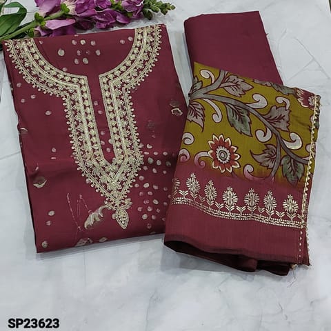 CODE SP23623 : Designer Dark Onion Pink Abstract Printed Modal Masleen unstitched Salwar material(silky, soft fabric, lining needed) with zari and sequins work on yoke, Matching Santoon Bottom, Mehandhi yellow modal masleen dupatta with foil printed borders