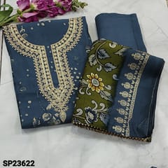 CODE SP23622 : Designer Teal Blue Abstract Printed Modal Masleen unstitched Salwar material(silky, soft fabric, lining needed) with zari and sequins work on yoke, Matching Santoon Bottom, Mossy Green modal masleen dupatta with foil printed borders