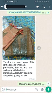 Thank you so much mam...this is the second time i am purchasing from youb and iam so happy with both the material. absolutely beautiful and pakka quality TYSM-Reviewed on 19- SEP-2023