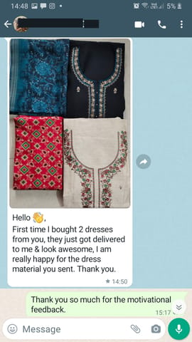 Hello, First time I bought 2 dresses from you they just got delivered to me $ look awesome, I am really happy for the dress material you sent thank you-Reviewed on 26- SEP-2023
