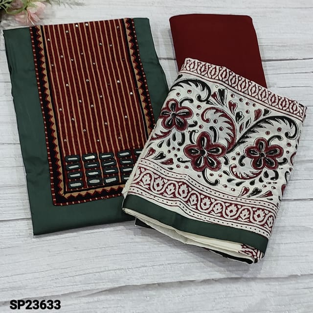 CODE SP23633 : Dark Cement Green Satin Cotton Unstitched Salwar material(texture, soft fabric, lining needed) ajrak block printed yoke patch with real mirror and sequins work on yoke, Maroon Soft Cotton Bottom, block printed silk cotton dupatta