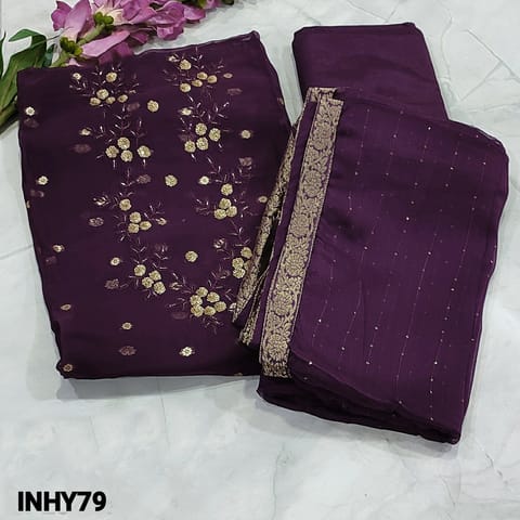 CODE INHY79 : Designer Dark Beetroot Purple Pure Organza unstitched Salwar material(light weight, thin fabric, lining needed) with sequins, cut bead and thread work on yoke, small floral buttas all over, Matching Santoon Bottom, sequins work on Pure chiffon dupatta