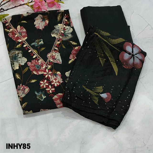 CODE INHY85 : Black Floral Printed Modal Masleen  Unstitched salwar material (silky fabric, lining optional) V-Neck with gota patch, zardozi and thread work, Matching Santoon Bottom, sequins and brush paint on soft silk cotton dupatta