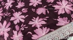 CODE WS865 :Dark beetroot purple fancy georgette saree with digital floral prints all over, double side silver brocade blouse, printed pallu, running printed blouse  with borders.