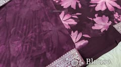 CODE WS865 :Dark beetroot purple fancy georgette saree with digital floral prints all over, double side silver brocade blouse, printed pallu, running printed blouse  with borders.