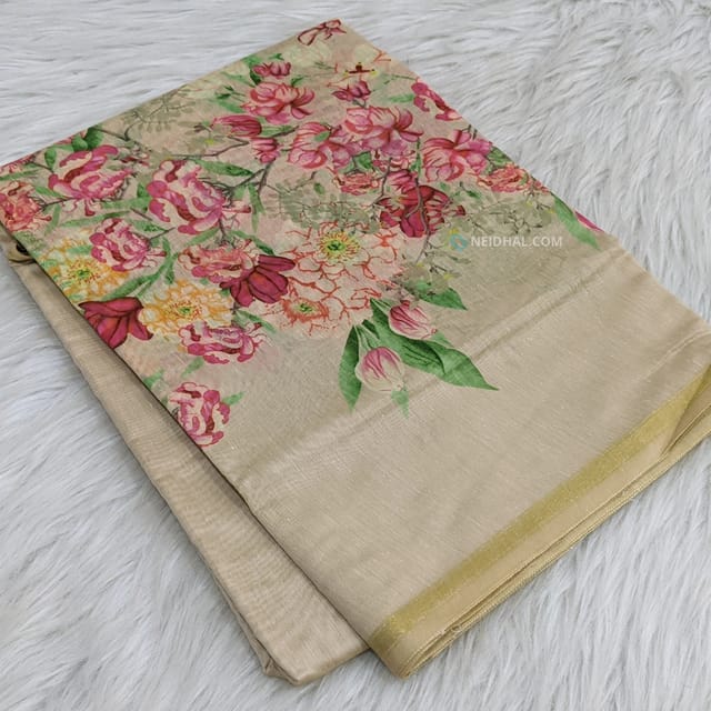 CODE WS874 :Light beige chandheri silk cotton saree with beautiful floral prints all-over, printed pallu and running printed blouse.
