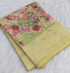 CODE WS876 :Light yellow chandheri silk cotton saree with beautiful floral prints all-over, printed pallu and running printed blouse.