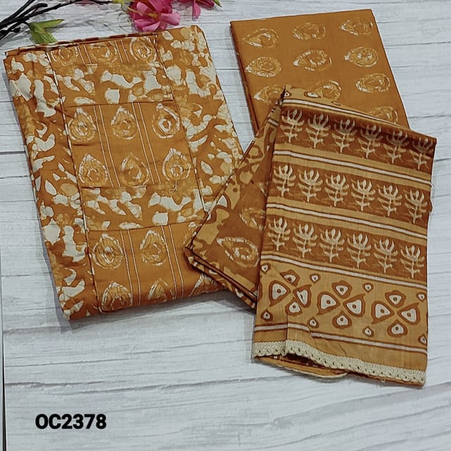 CODE OC2378 : Dark Fenugreek Yellow batik Printed pure Soft Cotton Unstitched Salwar material (soft fabric, lining optional) with Printed yoke, Printed Cotton Bottom, Printed soft mul cotton dupatta with lace tapings