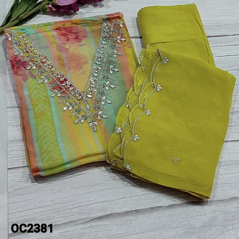 CODE OC2381 : Designer Multicolor Pure Organza Unstitched Salwar material (soft and flowly, thin fabric, lining needed) Mehndi Yellow Santoon Bottom, pure organza dupatta, check complete description below before ordering