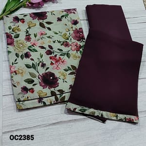 CODE OC2385 :  Pastel Green Digital printed Silk cotton Unstitched Salwar material(thin fabric, lining needed ) Faux Mirror on frontside, Dark Beetroot Purple Cotton Bottom, Plain Chiffon Dupatta with Printed tapings
