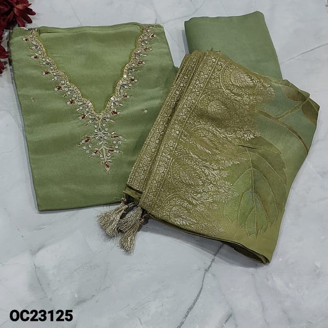 CODE OC23125 : Designer Pastel Green with golden tint  Pure Tissue Organza unstitched Salwar material(light weight soft and silky , lining needed) V Neck highlighted with sequins, zari, tiny pearl bead and zardozi work on yoke, Matching Santoon Bottom, Digital printed Tissue organza dupatta Banarasi woven Borders and pallu