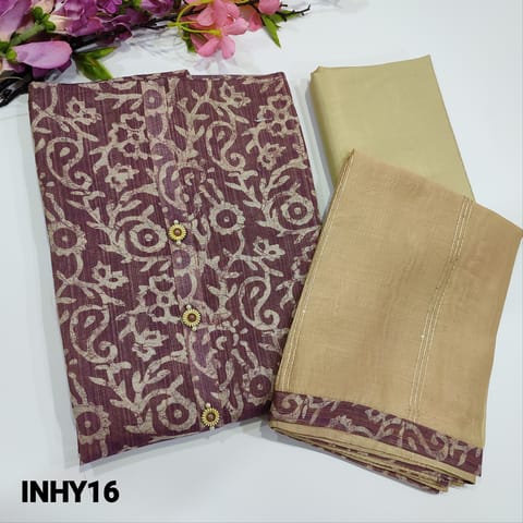 CODE INHY16 : Purple Batik Printed Fancy Tissue Silk Cotton Unstitched Salwar material with fancy buttons on yoke, matching Silky fabric for lining provided, Beige silky Bottom, thread and tiny sequins work on soft silk cotton dupatta and printed tapings