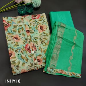 CODE INHY18 : Light Bluish Green  Floral Printed Fancy Soft Silk Cotton Unstitched Salwar material(soft, texture fabric, lining included) with fancy buttons on yoke, matching Silky fabric provided for lining, Turquoise Green thin silky Bottom, weaving pattern and sequins work on soft silk cotton dupatta with tapings