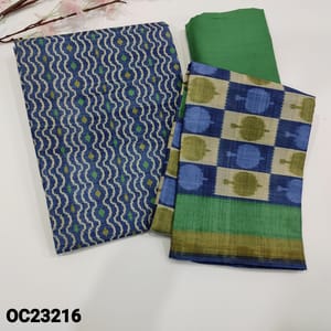 CODE OC23216 :  Blue base Fancy Semi Tussar unstitched salwar material(soft shiny fabric, lining needed) printed and self woven design on frontside, Green Santoon Bottom, ikat printed semi tussar dupatta with gold tissue borders on either side