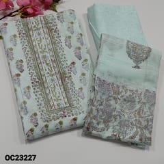 CODE OC23227 :  Pastel Blue Block Printed soft pure cotton unstitched Salwar material( thin soft fabric lining needed),block printed design all over, Printed soft cotton bottom, Block printed soft mul cotton dupatta