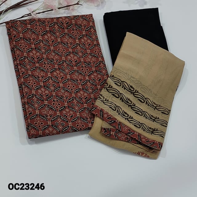 CODE OC23246 : Maroon Printed Pure soft cotton unstitched Salwar material(soft fabric, lining optional) Black Cotton Bottom, dual shade chiffon dupatta with block printed and taping