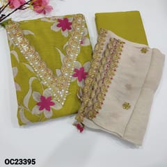 CODE OC23395  : Designer Mehandhi Green pure Masleen Silk Unstitched salwar material(soft silky fabric lining needed) V Neck highlighted with thread and sequins work on yoke, floral printed all over, Matching spun cotton bottom, Light beige short width pure organza dupatta with thread, sequins and cutwork edges