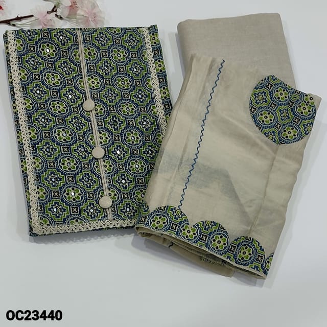 CODE OC23440 :  Blue  and Green ajrak printed pure kantha cotton unstitched Salwar material(thin and soft fabric, lining optional) simple yoke with fancy buttons, faux mirror and lace detailing, Light beige jute cotton, applique and thread work on soft silk cotton dupatta with  applique work borders