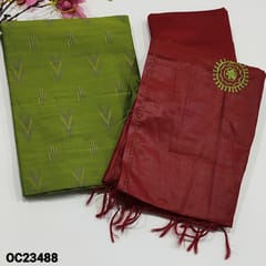 CODE OC23488 :Bright Green Ikat Printed slub silk cotton unstitched Salwar material(soft texture lining optional)  Red silk cotton bottom, Embroidery work on Fancy silk cotton dupatta with kantha stich work and tapings