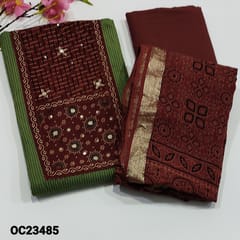 CODE OC23485 :Green kantha cotton unstitched salwar material(lining optional)ajrak block printed patch on yoke with thread and real mirror detailing,Dark Maroon Pure Cotton Bottom, ajrak block printed cotton dupatta with zari borders.