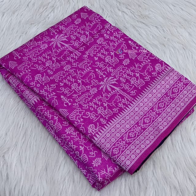 CODE WS965 : Rani pink soft fancy silk cotton saree with silver thread woven warli design all over saree,double side borders,contrast thread woven pallu,contrast running blouse.