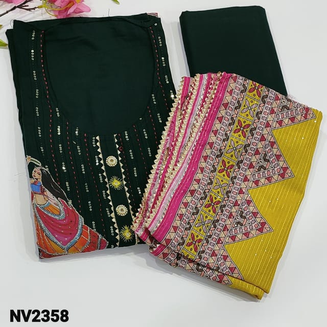 CODE NV2358 : Dark Green Liquid fabric unstitched Salwar material(Soft Flowy, lining needed) Round Neck, fancy buttons on yoke, panel pattern highlighted with kantha stitch, sequins and applique work on frontside, Matching Liquid fabric Bottom, colorful Digital printed silk cotton dupatta with gota lace taping