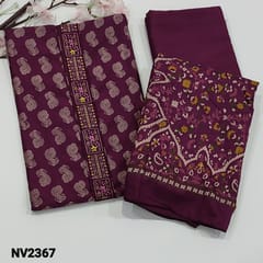 CODE NV2367 : Dark Beetroot Purple Soft Silk Cotton Unstitched salwar material (light weight, soft fabric, lining optional) Thread and Zari work on yoke, Printed all over, Matching silky bottom, floral Printed soft silk cotton dupatta