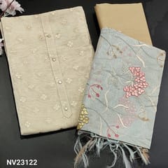 CODE NV23122  : Light Beige with golden tint Tissue Silk Cotton unstitched Salwar material(thin fabric, lining needed) Fancy Buttons on yoke, Zari Woven buttas all over, Beige silk cotton Bottom, Greyish Blue base embroidery and cut work detailing on soft silk cotton dupatta with tapings