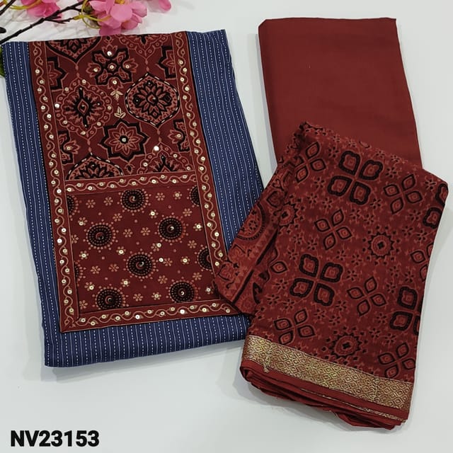 CODE NV23153 : Blue Pure kantha cotton unstitched Salwar material(thin, soft fabric lining optional) contrast ajrak block printed patch on yoke with sequins detaining, kantha stiches all over, Maroon Soft Pure Cotton Bottom, ajrak block printed mul cotton dupatta with zari borders