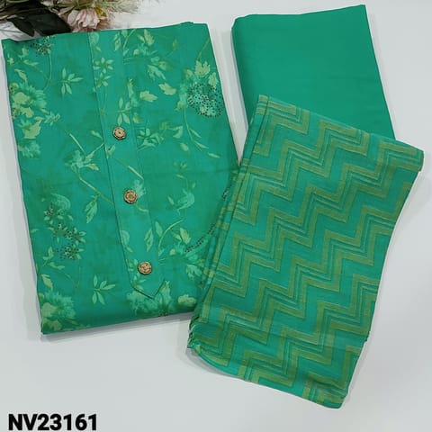 CODE NV23161  :(PREORDER SHIPPING ON 3RD DECEMBER)Turquoise Green Premium Satin Cotton unstitched Salwar material(soft fabric, lining needed ) Fancy Buttons on yoke, Stone Work on Front side, Matching Spun Cotton Bottom, Block  Printed Chiffon dupatta