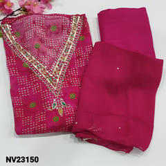 CODE NV23150  : Designer Bright Pink Chinnon Silk Unstitched salwar material(shinny fabric, requires lining) V Neck Line with sequins and zardoszi work and faux mirror detailing, Bandhini Printed all over, Matching Spun bottom, Pure chiffon dupatta with sequins work and fancy tassels