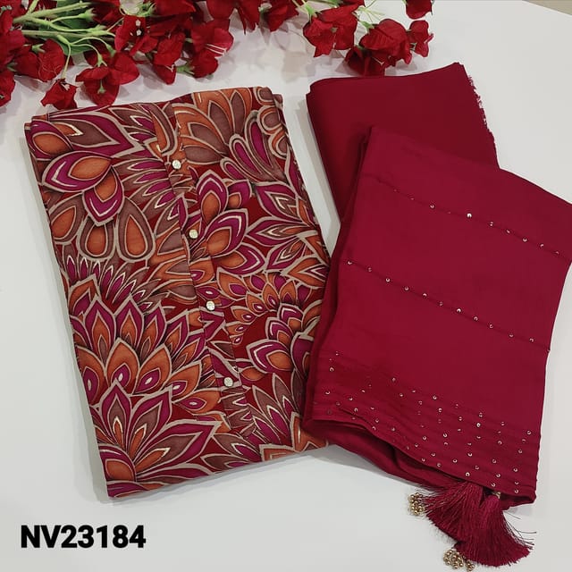 CODE NV23184 : Pink and Orange Printed Modal Masleen unstitched Salwar material(soft, silky fabric, lining needed ) Fancy Buttons on yoke,  Rani Pink Spun cotton bottom, Soft Silk cotton dupatta with sequins work all over