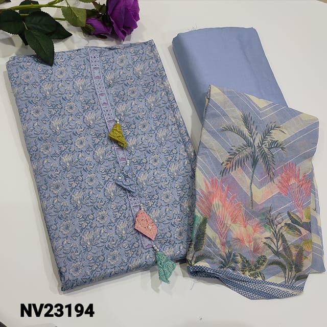 CODE NV23194: Lavender Shade Premium soft cotton unstitched Salwar material(soft fabric, lining optional ) Embroidery work and tassels on yoke, Printed all over,  matching Spun cotton bottom, Block Printed Fancy chiffon dupatta
