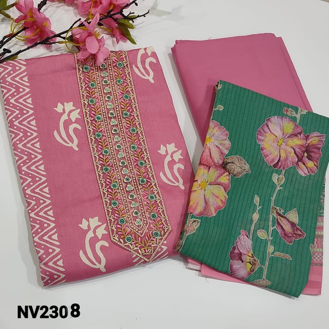 CODE NV23208 :Pink With Green Satin Cotton unstitched Salwar material(soft fabric, lining optional) Embroidery Work on yoke, Batik Design all over, Pink Spun Cotton Bottom, Pink Digital Printed Mixed Cotton Dupatta