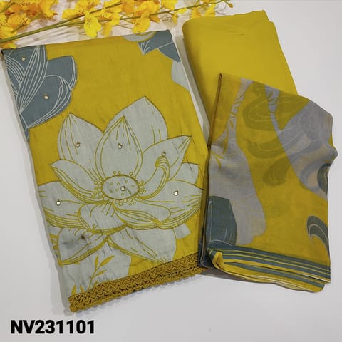 CODE NV231101: (PRE-ORDER,SHIPPING ON 3RD DECEMBER) Bright Mehandhi Yellow Premium Satin Cotton unstitched Salwar material(soft fabric, lining needed ) Matching Spun Cotton Bottom, digital Printed chiffon dupatta, check description below before ordering
