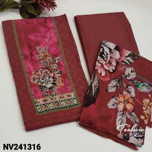 CODE  NV231316 : Sober maroon soft cotton unstitched salwar material, floral print on yoke along with zari,thread and sequence work , printed all over, matching thin cotton fabric provided for lining, NO BOTTOM, soft mixed cotton floral printed dupatta.