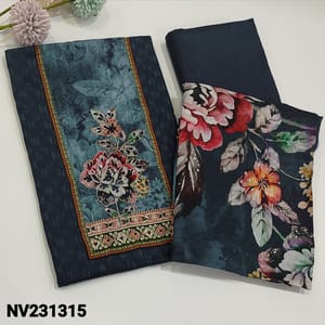 CODE  NV231315 : Navy blue soft cotton unstitched salwar material, floral print on yoke along with zari,thread and sequence work , printed all over, matching thin cotton fabric provided for lining, NO BOTTOM, soft mixed cotton floral printed dupatta.