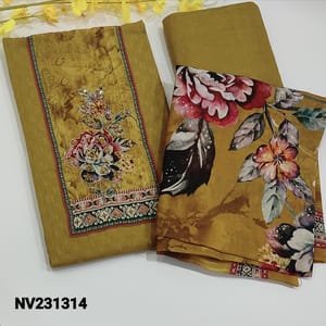 CODE NV231314  : Mehandi yellow soft cotton unstitched salwar material, floral print on yoke along with zari,thread and sequence work , printed all over, matching thin cotton fabric provided for lining, NO BOTTOM, soft mixed cotton floral printed dupatta.
