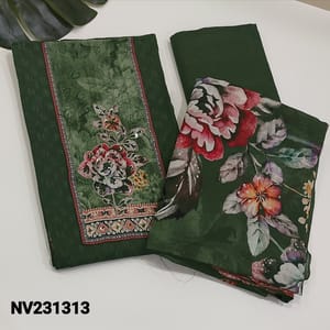 CODE NV231313 : Dark green soft cotton unstitched salwar material, floral print on yoke along with zari,thread and sequence work , printed all over, matching thin cotton fabric provided for lining, NO BOTTOM, soft mixed cotton floral printed dupatta.