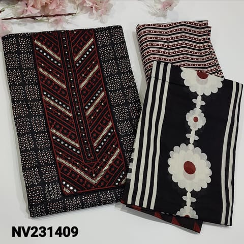 CODE NV231409 : Black pure soft cotton unstitched salwar material , yoke with embroidery and foil work, printed all over, embroidery work on daman, printed cotton bottom, printed cotton dupatta with pom pom tapings.